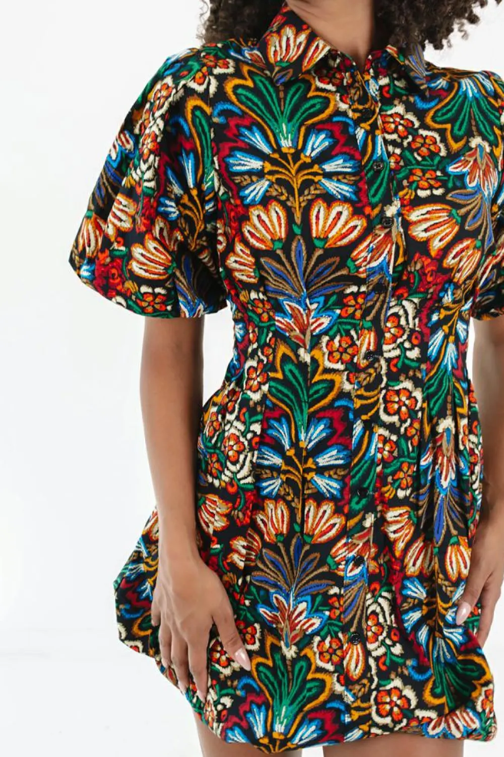 Sale Dear-Lover Floral Puff Short Sleeve Shirt Mini Dress Multicolour
