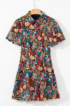 Sale Dear-Lover Floral Puff Short Sleeve Shirt Mini Dress Multicolour