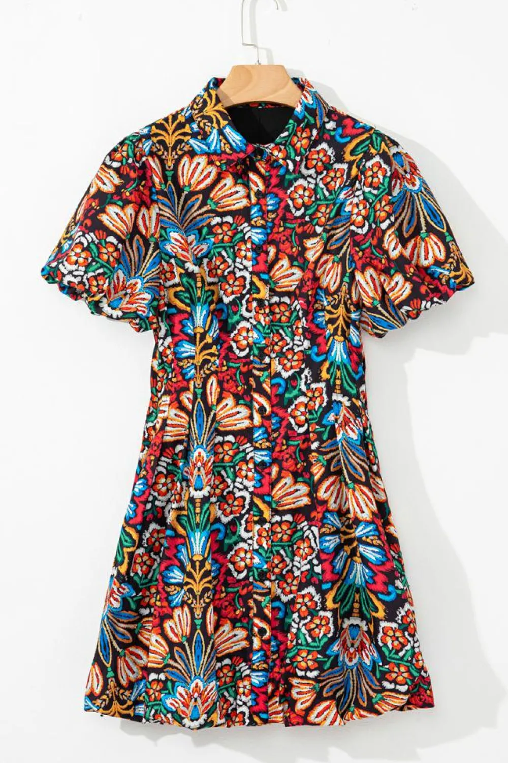 Sale Dear-Lover Floral Puff Short Sleeve Shirt Mini Dress Multicolour