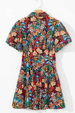 Sale Dear-Lover Floral Puff Short Sleeve Shirt Mini Dress Multicolour