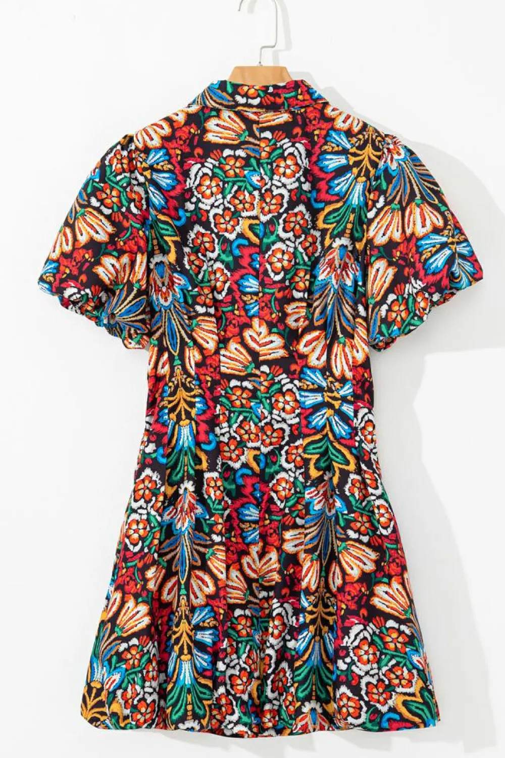 Sale Dear-Lover Floral Puff Short Sleeve Shirt Mini Dress Multicolour