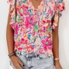 Outlet Dear-Lover Floral Ruffled Sleeve V Neck Summer Blouse Multicolour
