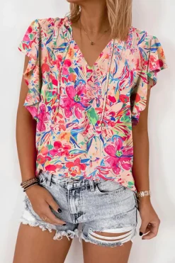 Outlet Dear-Lover Floral Ruffled Sleeve V Neck Summer Blouse Multicolour