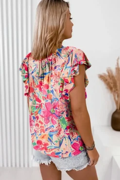 Outlet Dear-Lover Floral Ruffled Sleeve V Neck Summer Blouse Multicolour