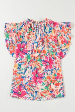 Outlet Dear-Lover Floral Ruffled Sleeve V Neck Summer Blouse Multicolour