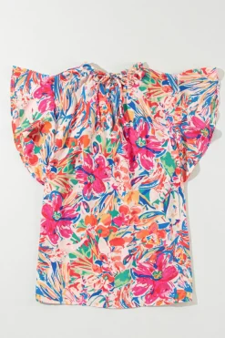 Outlet Dear-Lover Floral Ruffled Sleeve V Neck Summer Blouse Multicolour
