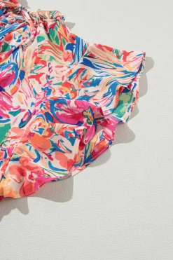 Outlet Dear-Lover Floral Ruffled Sleeve V Neck Summer Blouse Multicolour