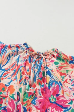 Outlet Dear-Lover Floral Ruffled Sleeve V Neck Summer Blouse Multicolour