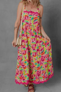 Hot Dear-Lover Floral Tied Straps Ricrac Trim Maxi Dress Multicolour