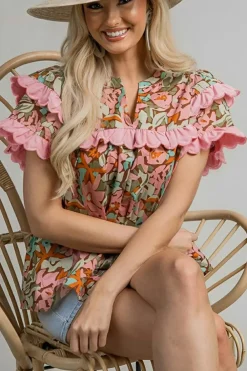 Best Dear-Lover Floral Tiered Ruffled Short Sleeve Blouse Multicolour