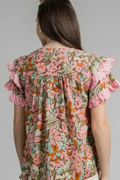 Best Dear-Lover Floral Tiered Ruffled Short Sleeve Blouse Multicolour