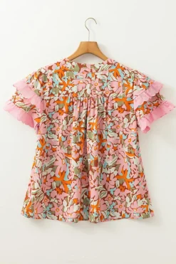 Best Dear-Lover Floral Tiered Ruffled Short Sleeve Blouse Multicolour