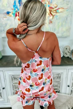 Sale Dear-Lover Floral V Neck Cami Top and Ruffled Shorts Lounge Set Multicolour