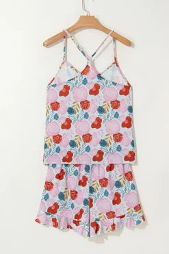 Sale Dear-Lover Floral V Neck Cami Top and Ruffled Shorts Lounge Set Multicolour