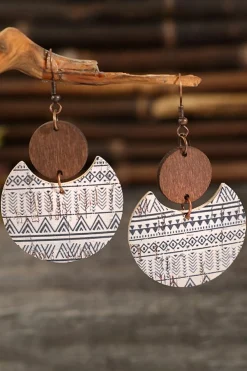 New Dear-Lover Geometric Print Drop Wood Earrings Multicolour