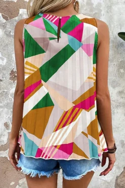 Fashion Dear-Lover Geometric Printed Pleated Shift Tank Top Multicolour