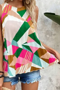 Fashion Dear-Lover Geometric Printed Pleated Shift Tank Top Multicolour
