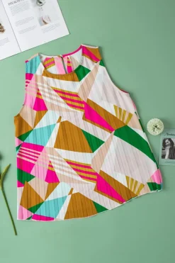 Fashion Dear-Lover Geometric Printed Pleated Shift Tank Top Multicolour