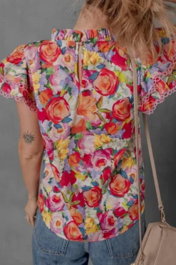 Online Dear-Lover Lace Trim Ruffle Short Sleeve Floral Blouse Multicolour