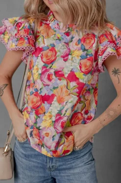 Online Dear-Lover Lace Trim Ruffle Short Sleeve Floral Blouse Multicolour