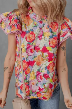 Online Dear-Lover Lace Trim Ruffle Short Sleeve Floral Blouse Multicolour