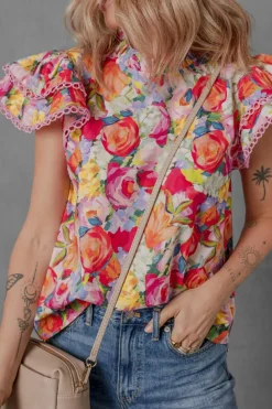 Online Dear-Lover Lace Trim Ruffle Short Sleeve Floral Blouse Multicolour