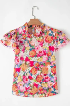 Online Dear-Lover Lace Trim Ruffle Short Sleeve Floral Blouse Multicolour