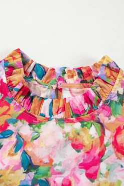 Online Dear-Lover Lace Trim Ruffle Short Sleeve Floral Blouse Multicolour
