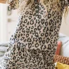 Discount Dear-Lover Leopard Button V Neck Tee and Drawstring Shorts Set Multicolour