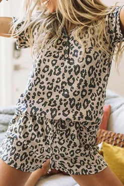 Discount Dear-Lover Leopard Button V Neck Tee and Drawstring Shorts Set Multicolour