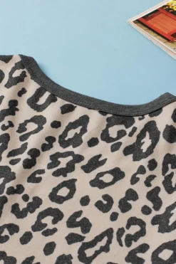 Discount Dear-Lover Leopard Button V Neck Tee and Drawstring Shorts Set Multicolour