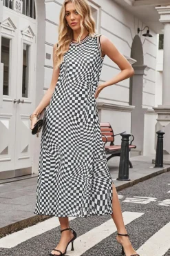 Best Dear-Lover Leopard Checkered Double Printed Reversible Sleeveless Long Dress Multicolour