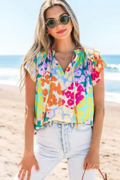 Sale Dear-Lover Leopard Flutter Sleeve V Neck Crinkled Blouse Multicolour