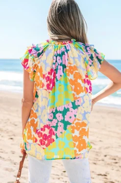 Sale Dear-Lover Leopard Flutter Sleeve V Neck Crinkled Blouse Multicolour