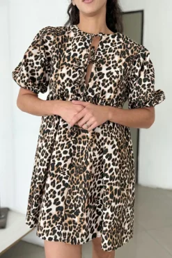 Outlet Dear-Lover Leopard Tie Front Puff Sleeve Short Flared Dress Multicolour