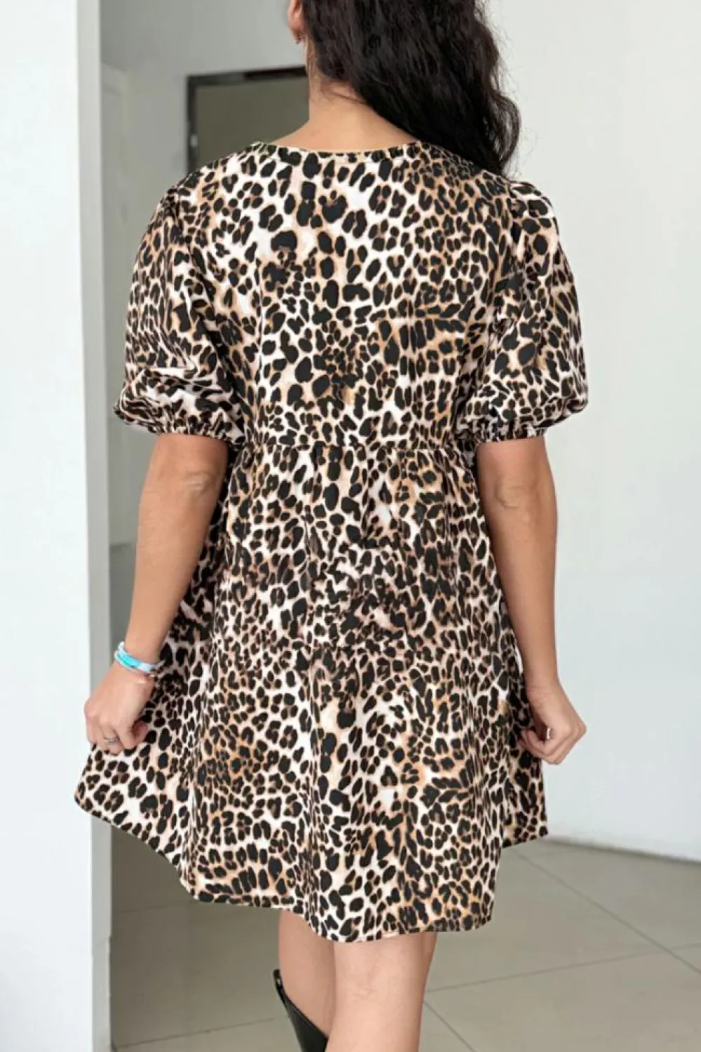 Outlet Dear-Lover Leopard Tie Front Puff Sleeve Short Flared Dress Multicolour