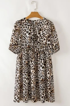 Outlet Dear-Lover Leopard Tie Front Puff Sleeve Short Flared Dress Multicolour