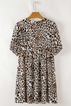 Outlet Dear-Lover Leopard Tie Front Puff Sleeve Short Flared Dress Multicolour