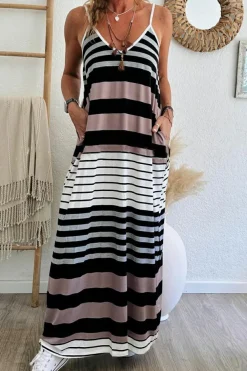 Hot Dear-Lover Mixed Stripes Spaghetti Straps V Neck Maxi Dress Multicolour