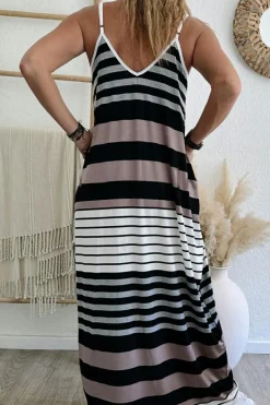 Hot Dear-Lover Mixed Stripes Spaghetti Straps V Neck Maxi Dress Multicolour