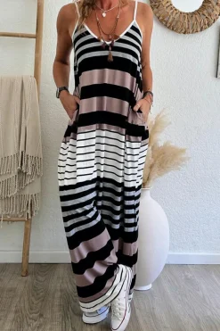 Hot Dear-Lover Mixed Stripes Spaghetti Straps V Neck Maxi Dress Multicolour