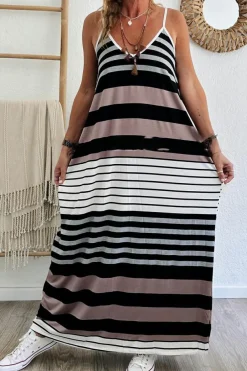 Hot Dear-Lover Mixed Stripes Spaghetti Straps V Neck Maxi Dress Multicolour