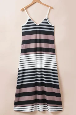 Hot Dear-Lover Mixed Stripes Spaghetti Straps V Neck Maxi Dress Multicolour