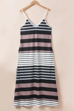 Hot Dear-Lover Mixed Stripes Spaghetti Straps V Neck Maxi Dress Multicolour