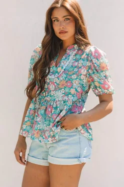 Clearance Dear-Lover Notched Neck Puff Short Sleeve Floral Blouse Multicolour