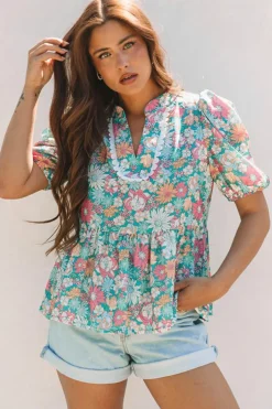 Clearance Dear-Lover Notched Neck Puff Short Sleeve Floral Blouse Multicolour