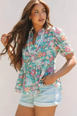 Clearance Dear-Lover Notched Neck Puff Short Sleeve Floral Blouse Multicolour