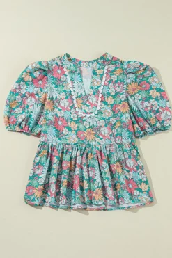 Clearance Dear-Lover Notched Neck Puff Short Sleeve Floral Blouse Multicolour