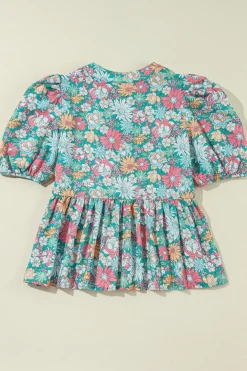 Clearance Dear-Lover Notched Neck Puff Short Sleeve Floral Blouse Multicolour
