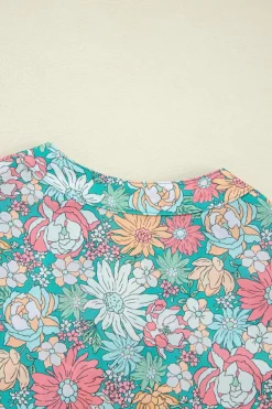 Clearance Dear-Lover Notched Neck Puff Short Sleeve Floral Blouse Multicolour